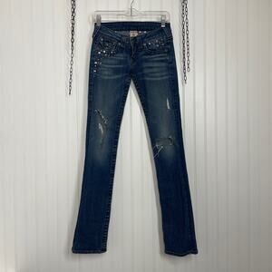 True Religion Women’s Blue Medium wash Distressed Jeweled Low Rise Jeans Size 25